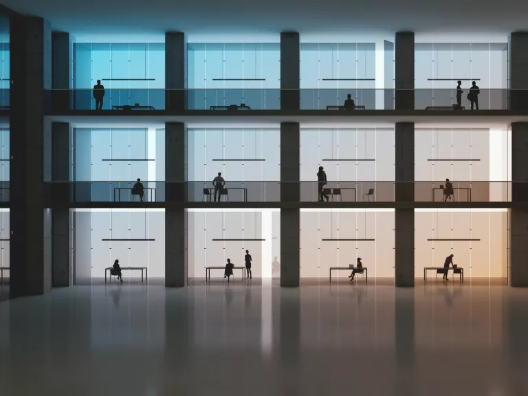 people working in an office building